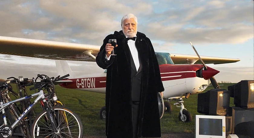 Ein Mann steht vor einem Flugzeug und hält ein Glas Wein in der Hand